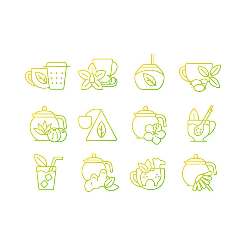 Conjunto de iconos de vector lineal degradado relacionados con la bebida de té.