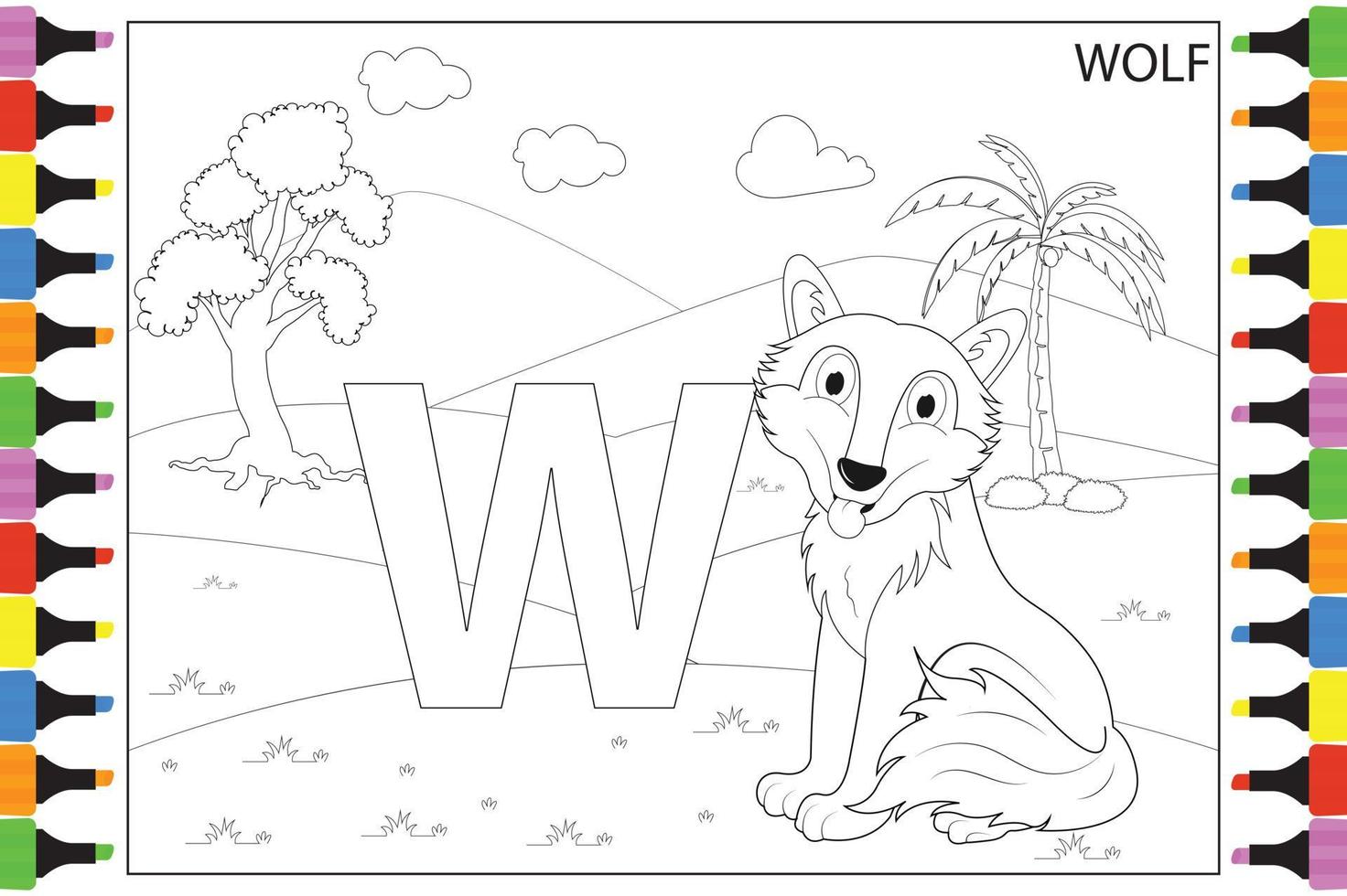 coloring Wolf animal cartoon for kids vector