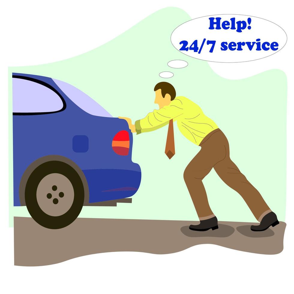 Office man broken engine pushes blue car service and asks for help vector