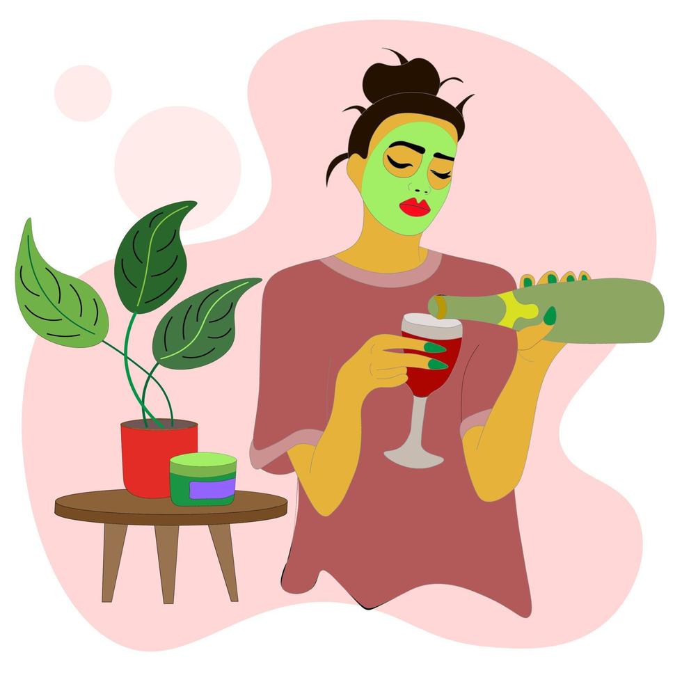 girl in green cosmetic mask face, wine into glass. home spa procedure vector