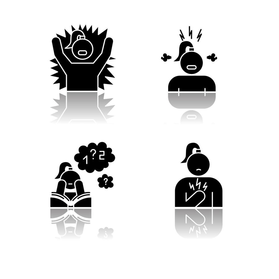 PMS symptoms drop shadow black glyph icons set vector