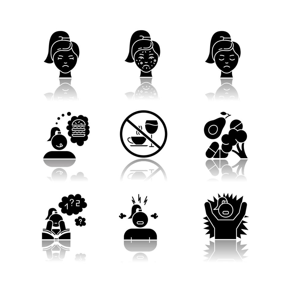 Predmenstrual syndrome drop shadow black glyph icons set vector