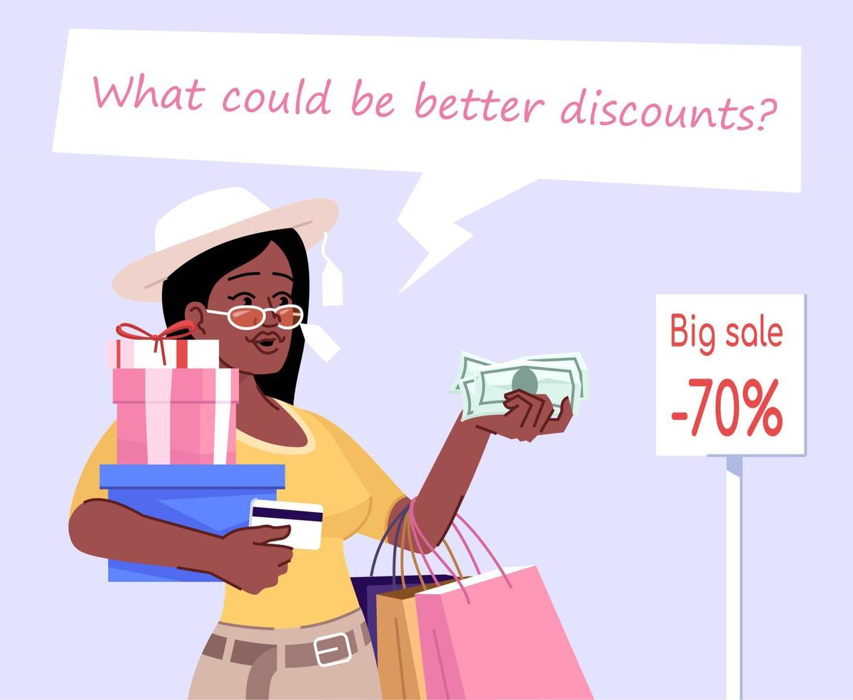 Shopaholic woman flat color vector illustration