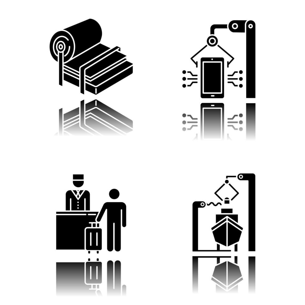 Industry types drop shadow black glyph icons set vector