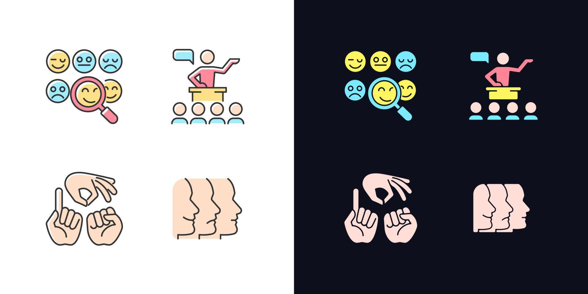 Building relationships with people light and dark theme RGB color icons set vector