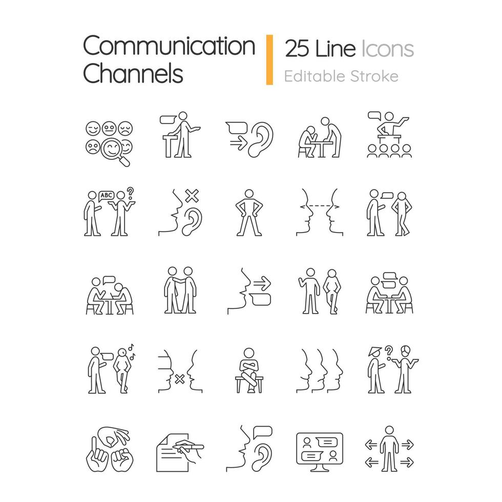 Communication channel linear icons set vector