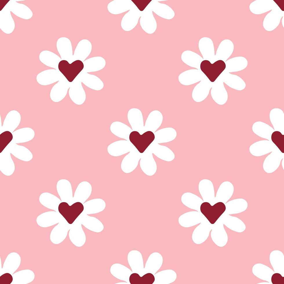 chamomile pattern with hearts on pink background. vector