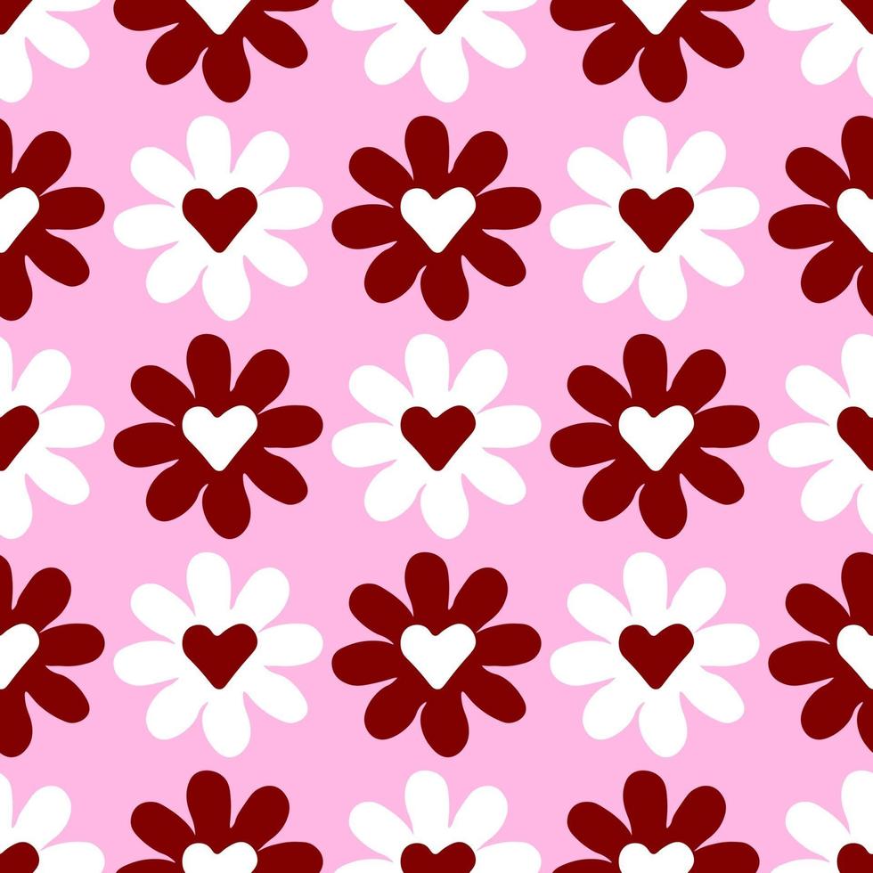 Patrón de manzanilla con corazones sobre fondo rosa. vector