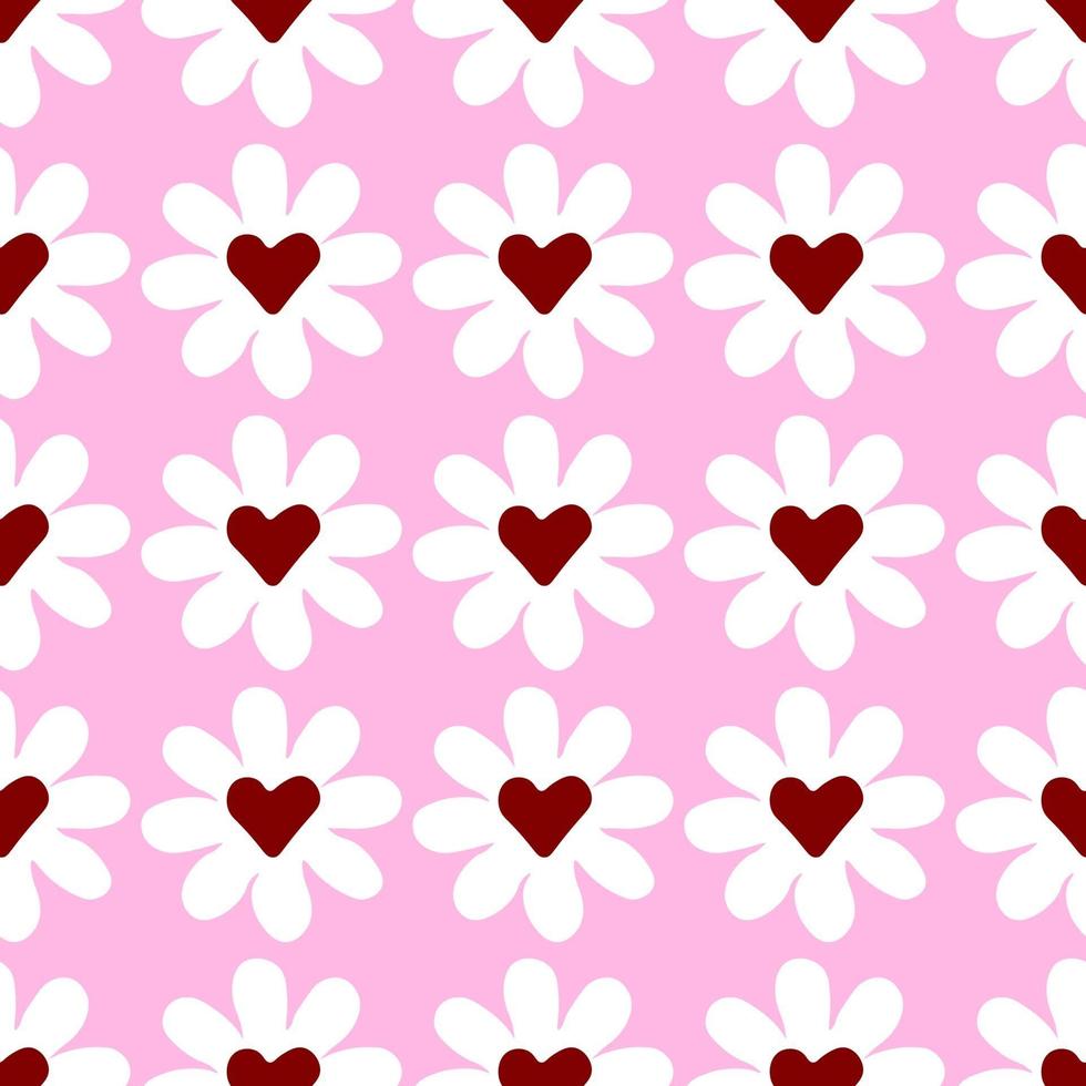 chamomile pattern with hearts on pink background. vector