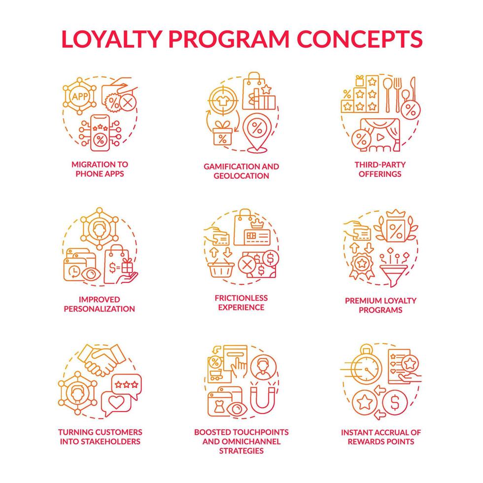 Loyalty program red gradient concept icons set vector