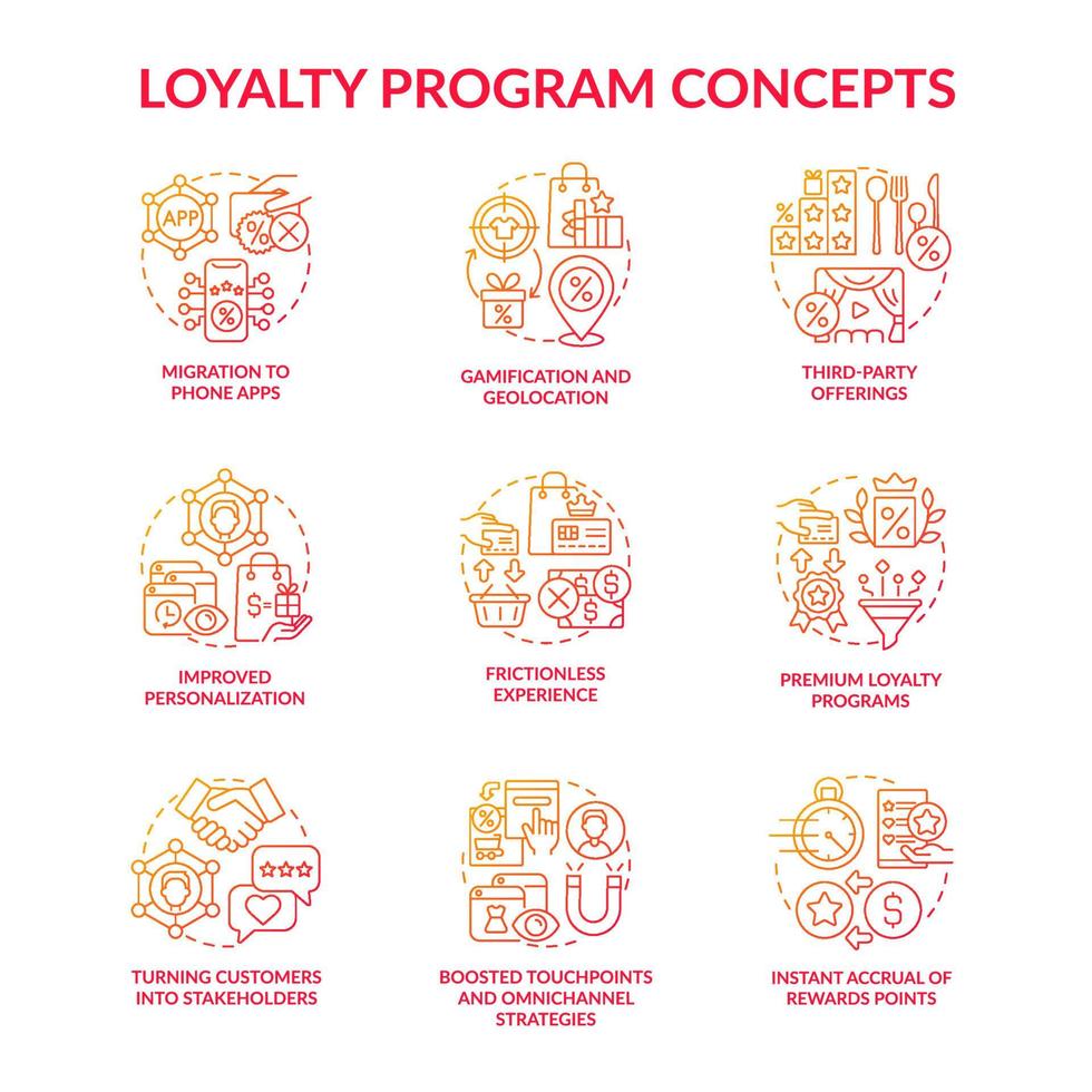 Loyalty program red gradient concept icons set vector