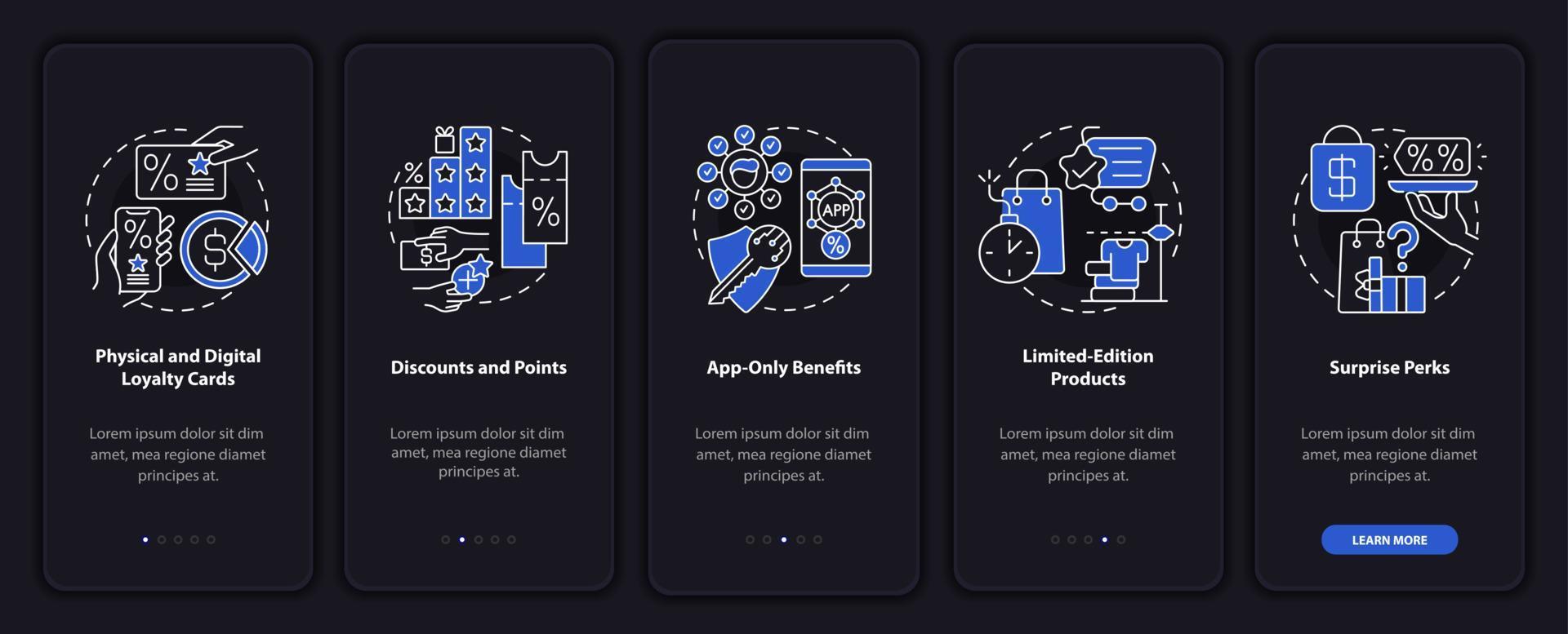 Grocery store loyalty program ideas dark onboarding mobile app page screen vector