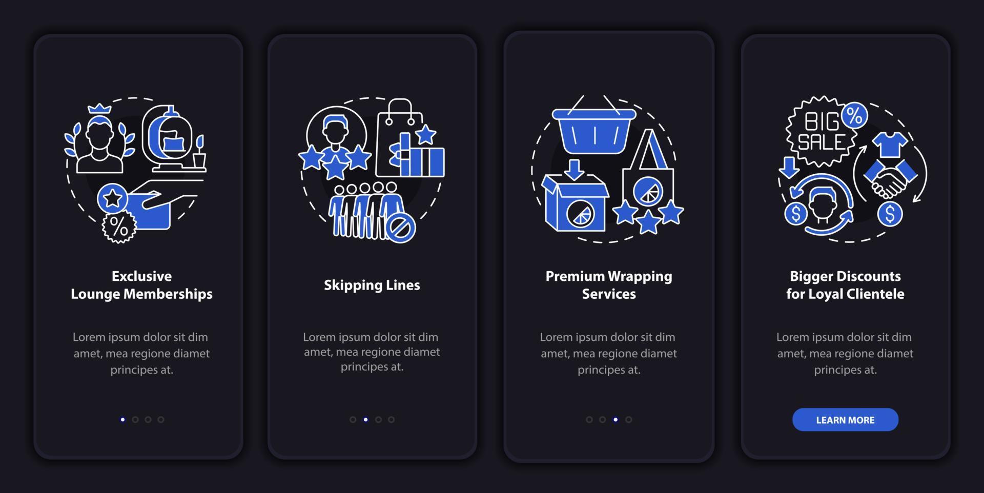 Loyalty program perks dark onboarding mobile app page screen vector