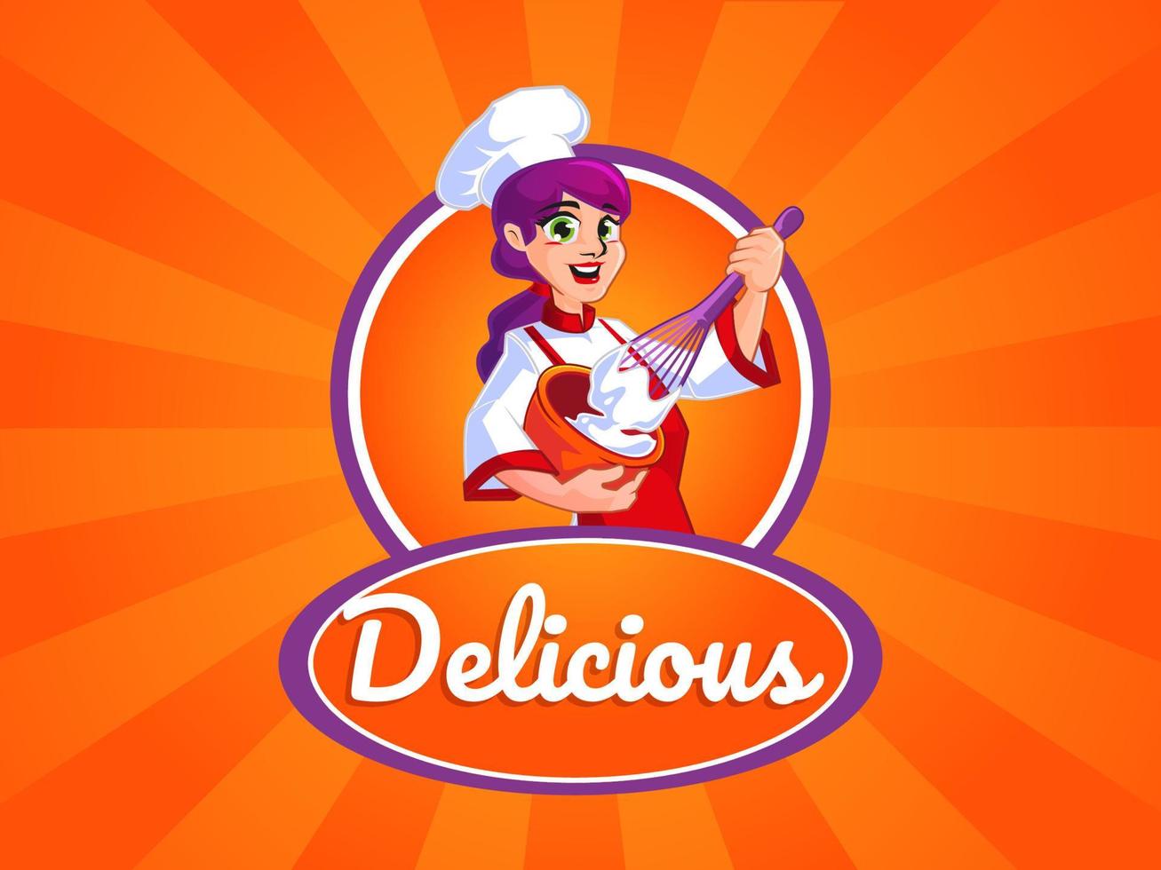 bakery mascot logo woman chef making cake dough vector