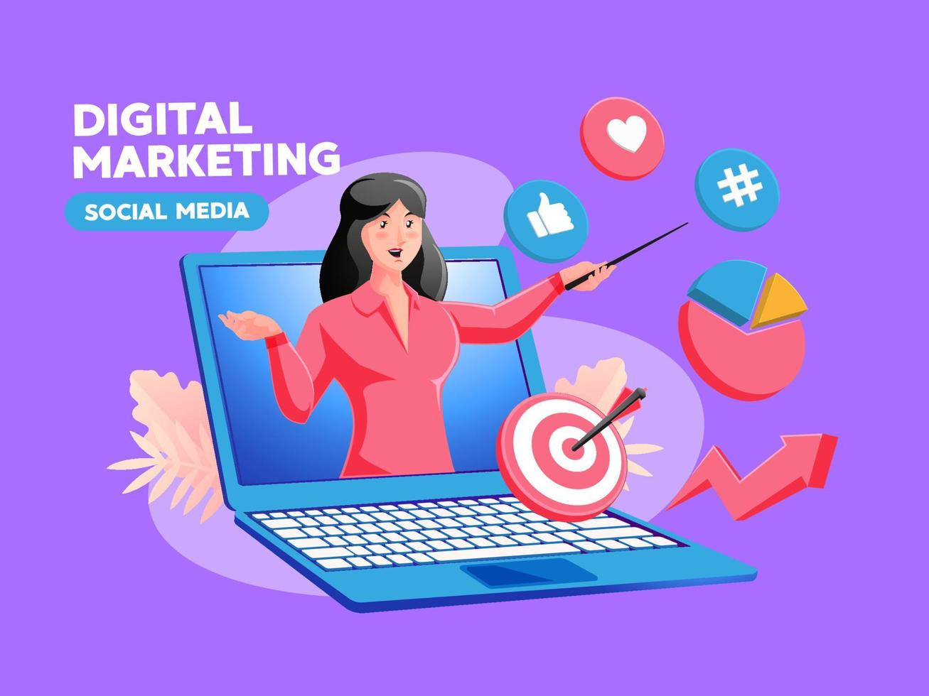 Digital Marketing Social Media with a woman and a laptop symbol vector