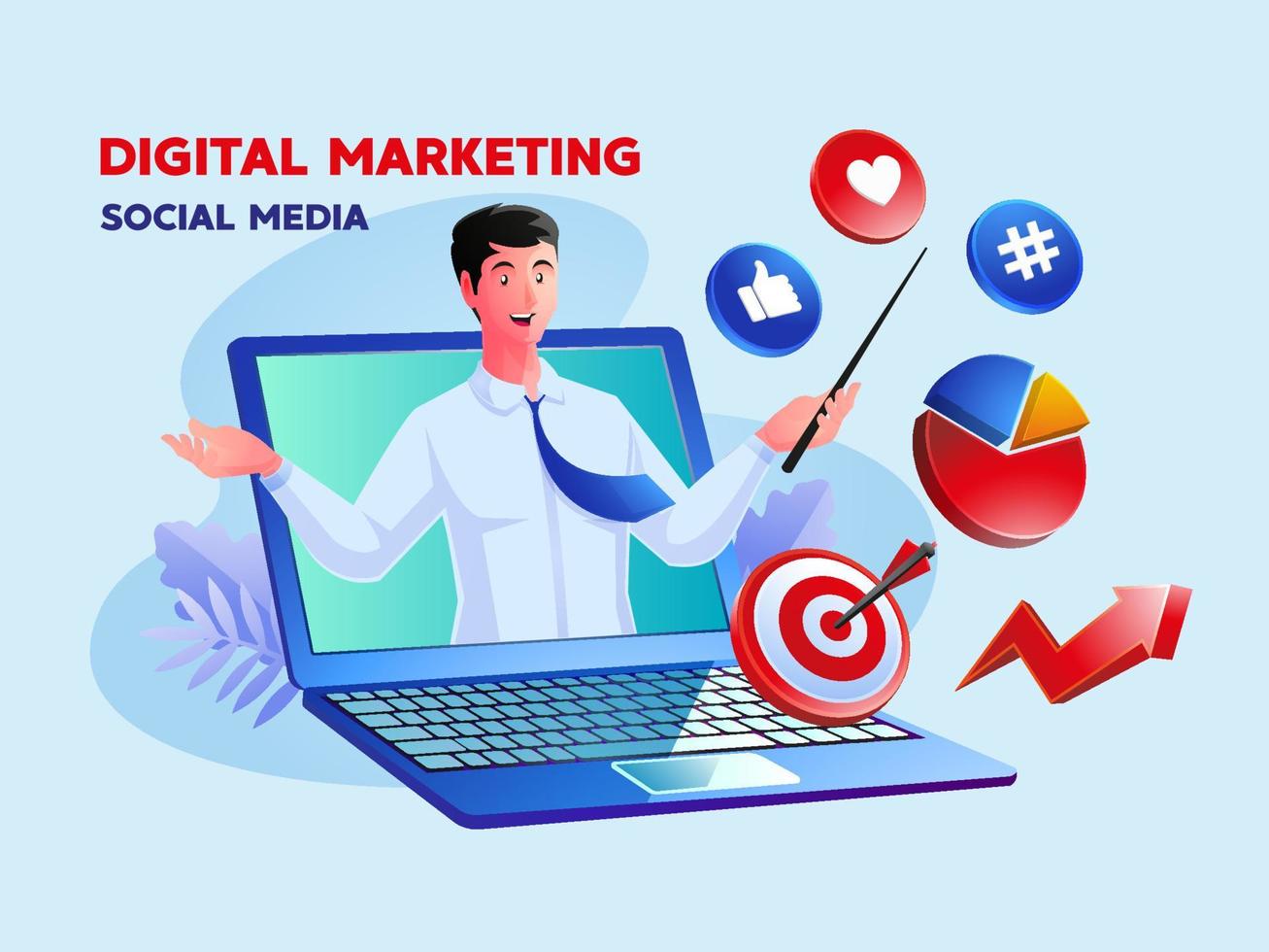 Redes sociales de marketing digital con un hombre y un símbolo de computadora portátil vector