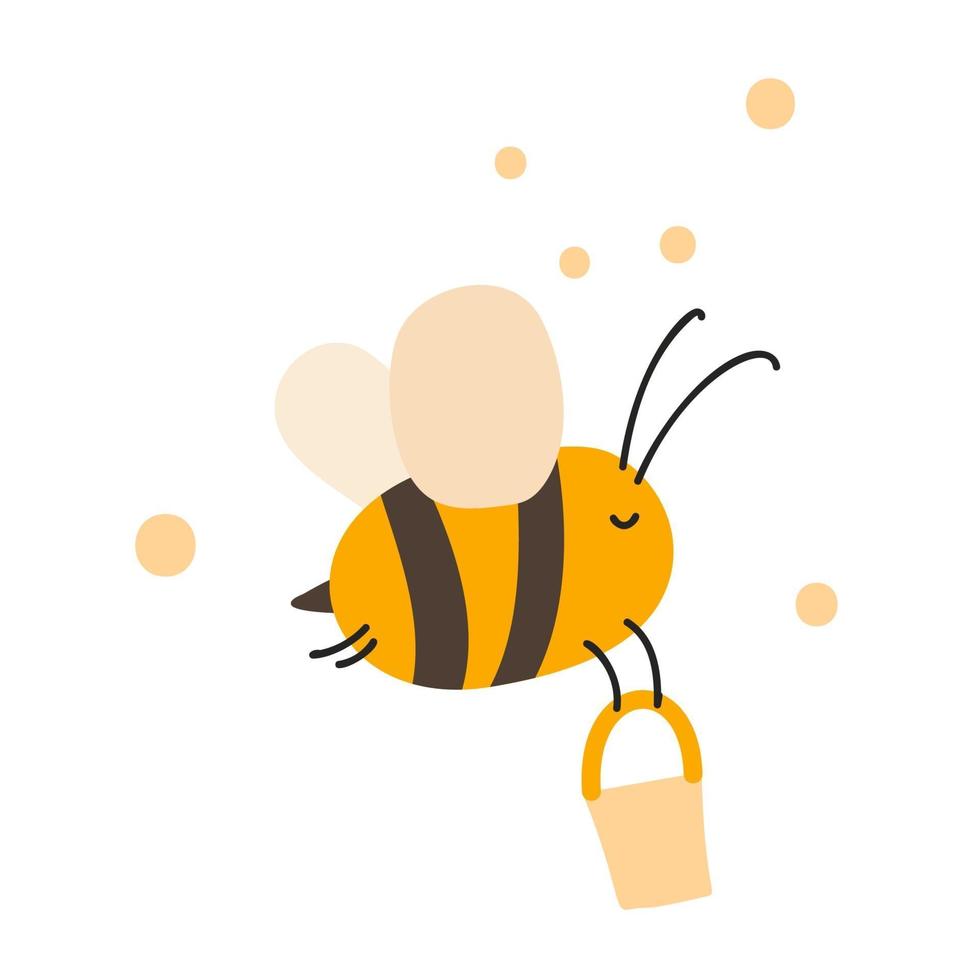 Cute fat little bee with bucket in doodle style vector