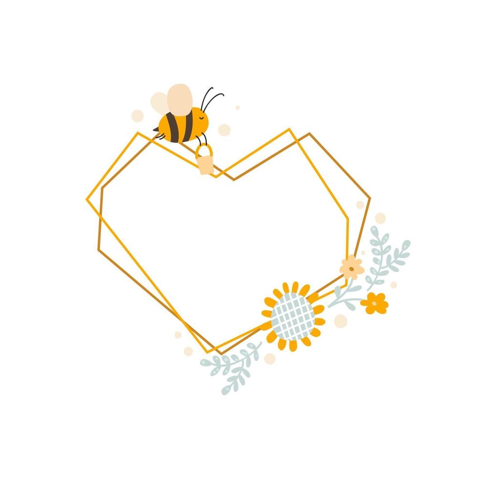 Cute kids heart love frame with bee and bouquet of sunflower vector