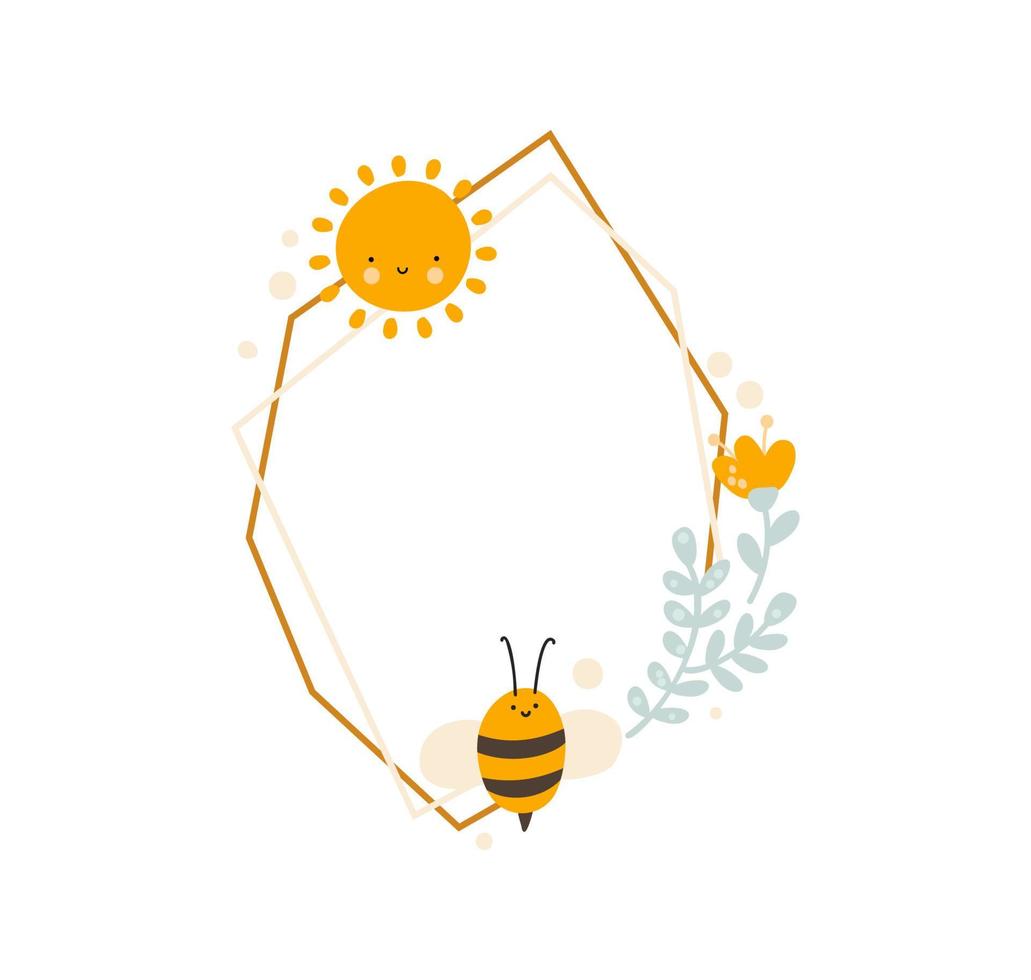 lindo marco poligonal para niños con abeja y sol con ramo de flores vector