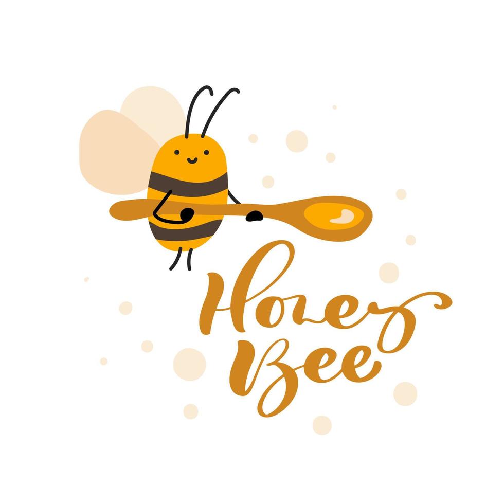 Cute fat little bee with spoon in doodle style and calligraphy vector