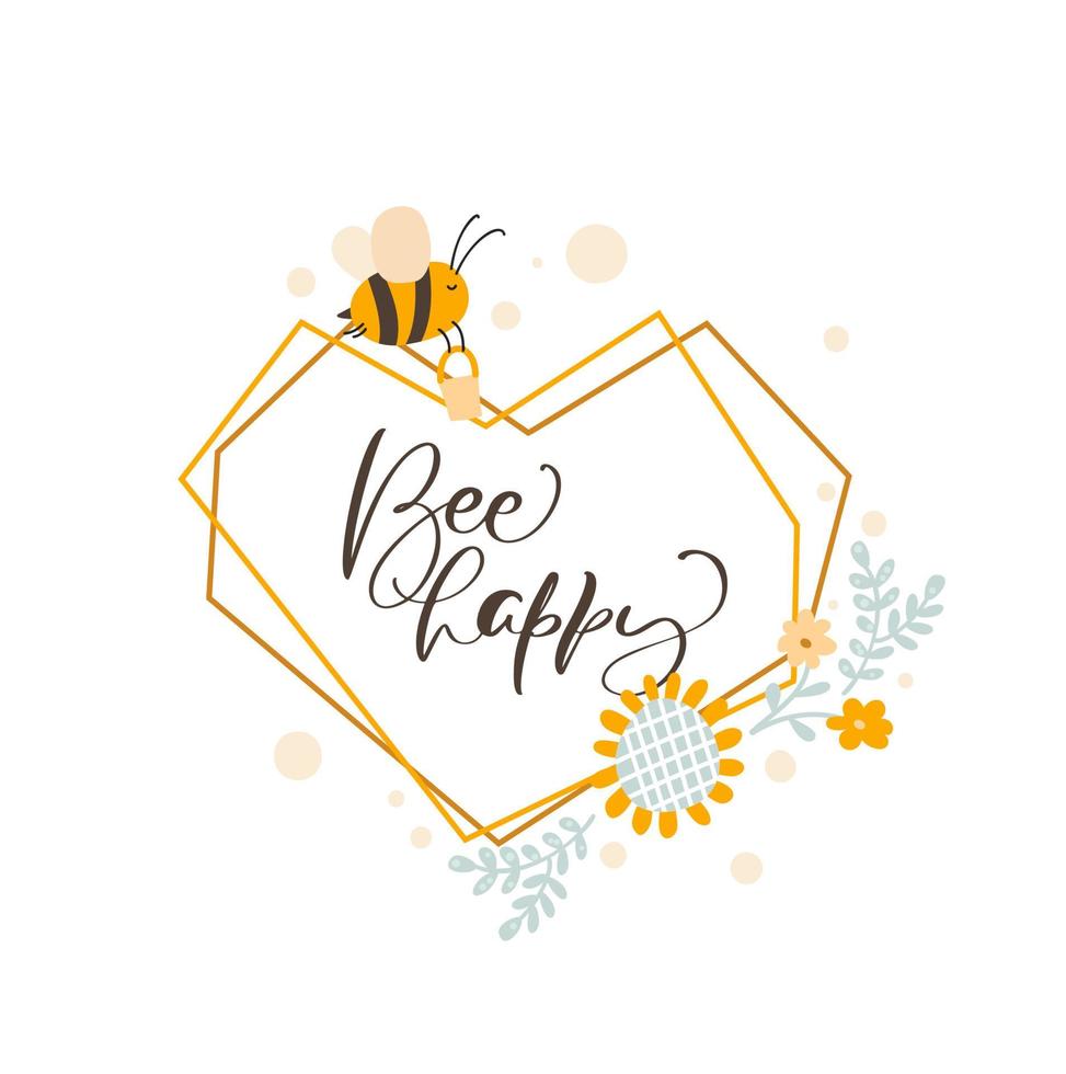 Cute kids heart love frame with bee and bouquet of sunflower wreath summer. Baby scandinavian style vector polygon illustration with text Bee happy
