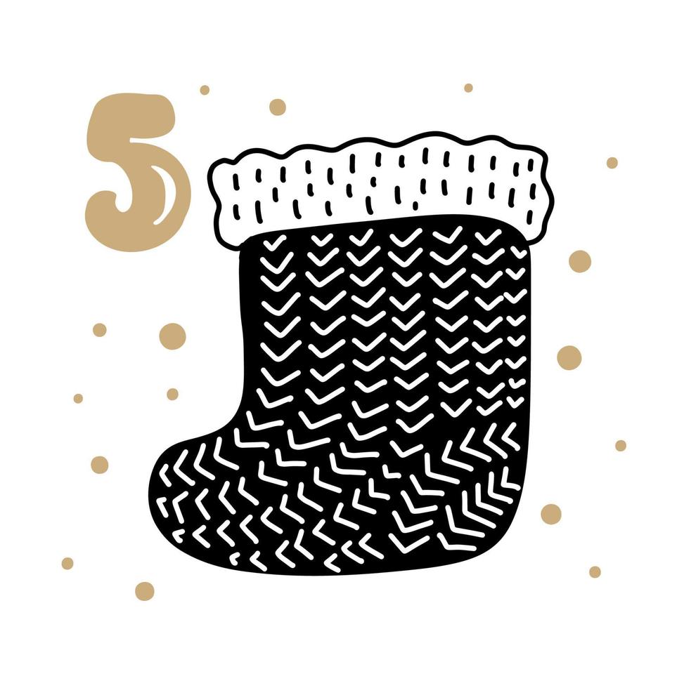 Advent calendar with cute scandinavian hand drawn vector. Twenty-four days before Christmas. Fifth Day. Winter Illustration of Santa sock vector