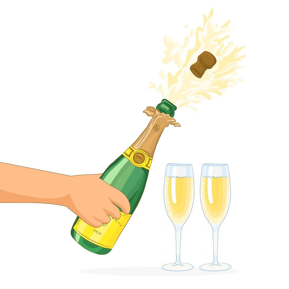 Champagne explosion. Bottle and crystal glasses. vector