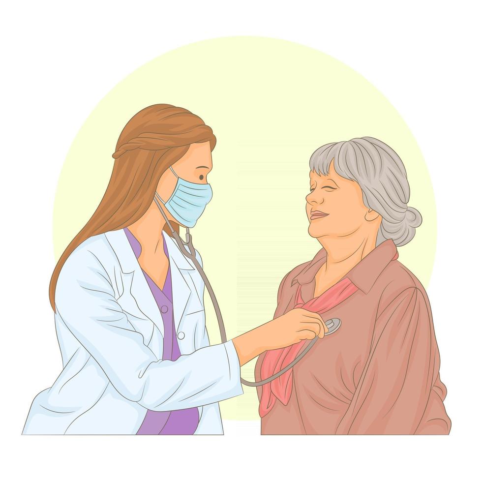 nurse doctor holding stethoscope examining old senior grandma patient vector