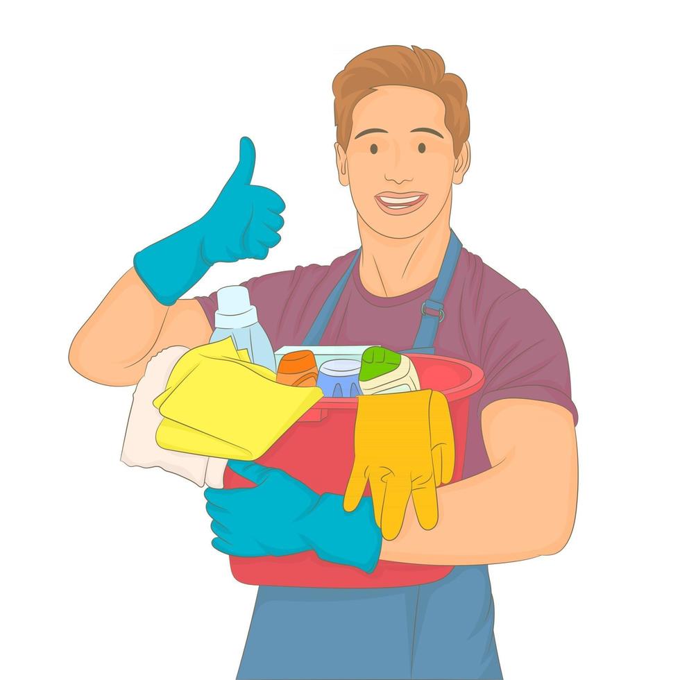 Young man holding a bucket full of cleaning products vector