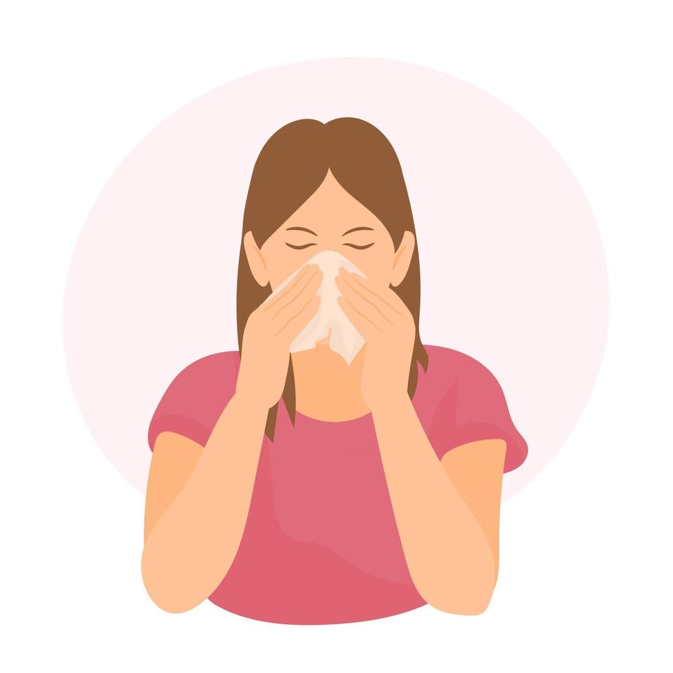 Woman sneezing and blowing her nose in a tissue vector