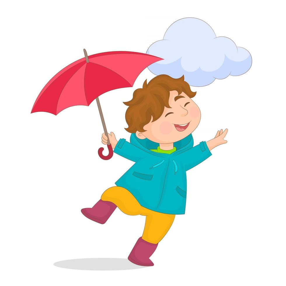 Boy with umbrella and boots having fun in the rain vector