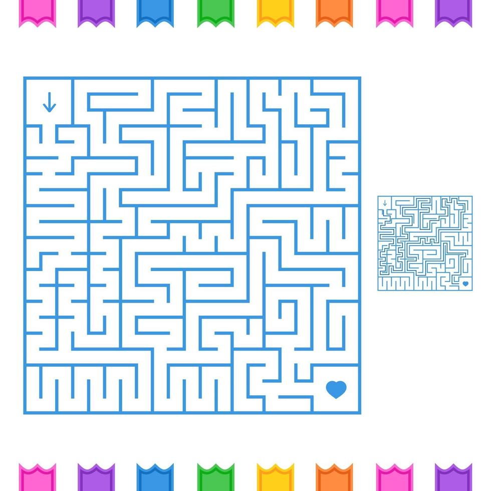 Abstract colored square maze. An interesting game for children and teenagers. Simple flat vector illustration isolated on white background. With the answer.