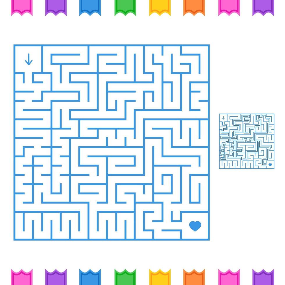 Abstract colored square maze. An interesting game for children and teenagers. Simple flat vector illustration isolated on white background. With the answer.