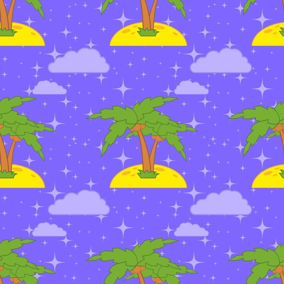 Colorful seamless pattern of cute palms on sand on a blue background. Simple flat vector illustration. For the design of paper wallpaper, fabric, wrapping paper, covers, web sites.