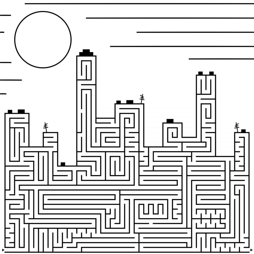 Abstract complex large isolated labyrinth in the shape of city buildings. Black color on a white background. An interesting game for children. Simple flat vector illustration.