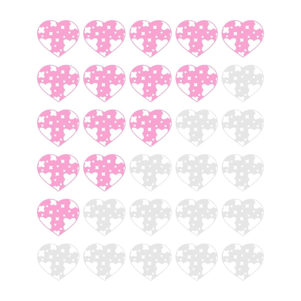 Five hearts rating icons. Evaluation of the hotel, service, product, quality. Level results or lifes in the game. Element of the interface. Simple flat isolated vector illustration.