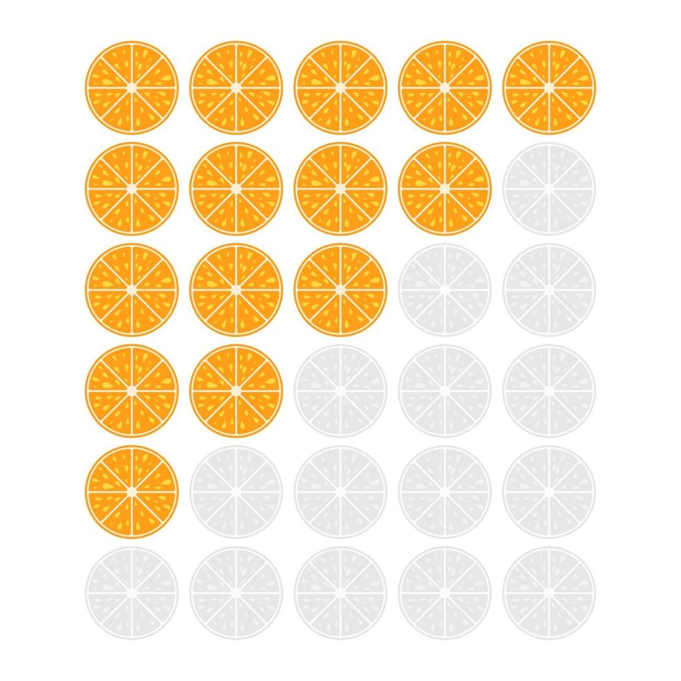 Five oranges rating icon. Evaluation of the hotel, service, product, quality. Level results or lifes in the game. Element of the interface. Simple flat isolated vector illustration.