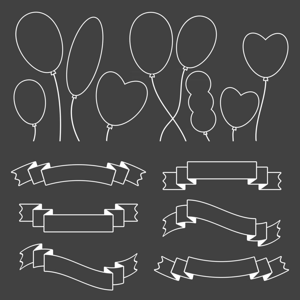 A set of ribbons of banners and balloons. With space for text. A simple flat vector illustration isolated on a black background.