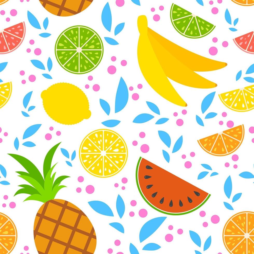 Colorful seamless pattern of appetizing tropical fruits on a white background. Simple flat vector illustration. For the design of paper wallpaper, fabric, wrapping paper, covers, web sites.