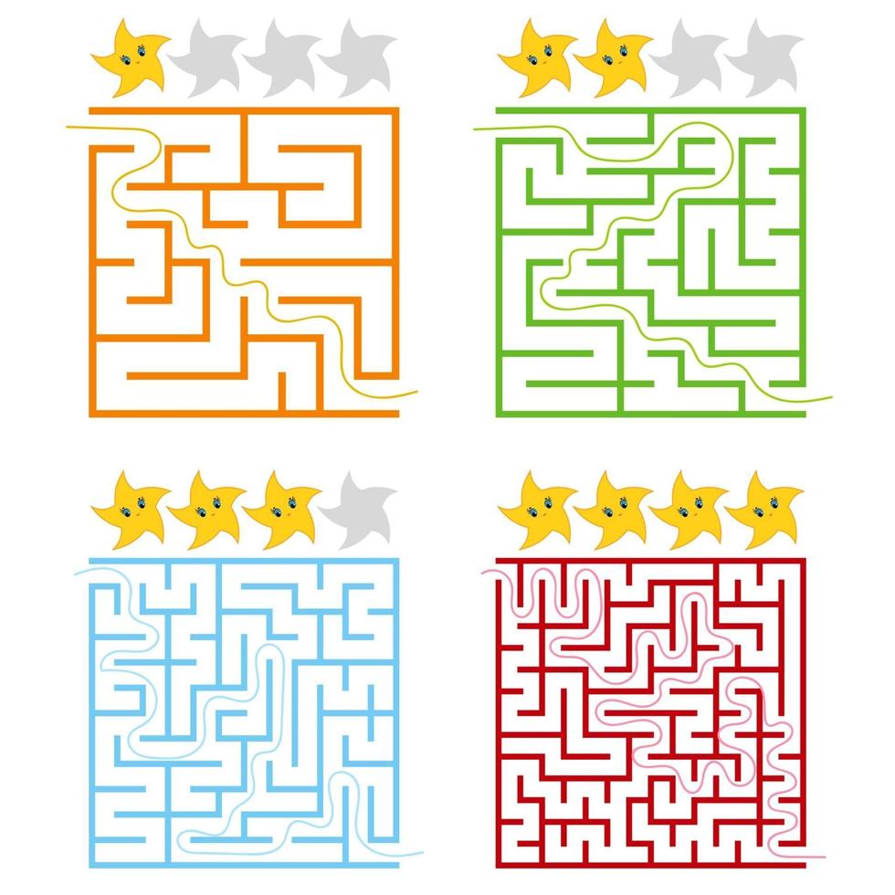 A set of square colored labyrinths with a rating of stars. Four levels of difficulty. Simple flat vector illustration isolated on white background.