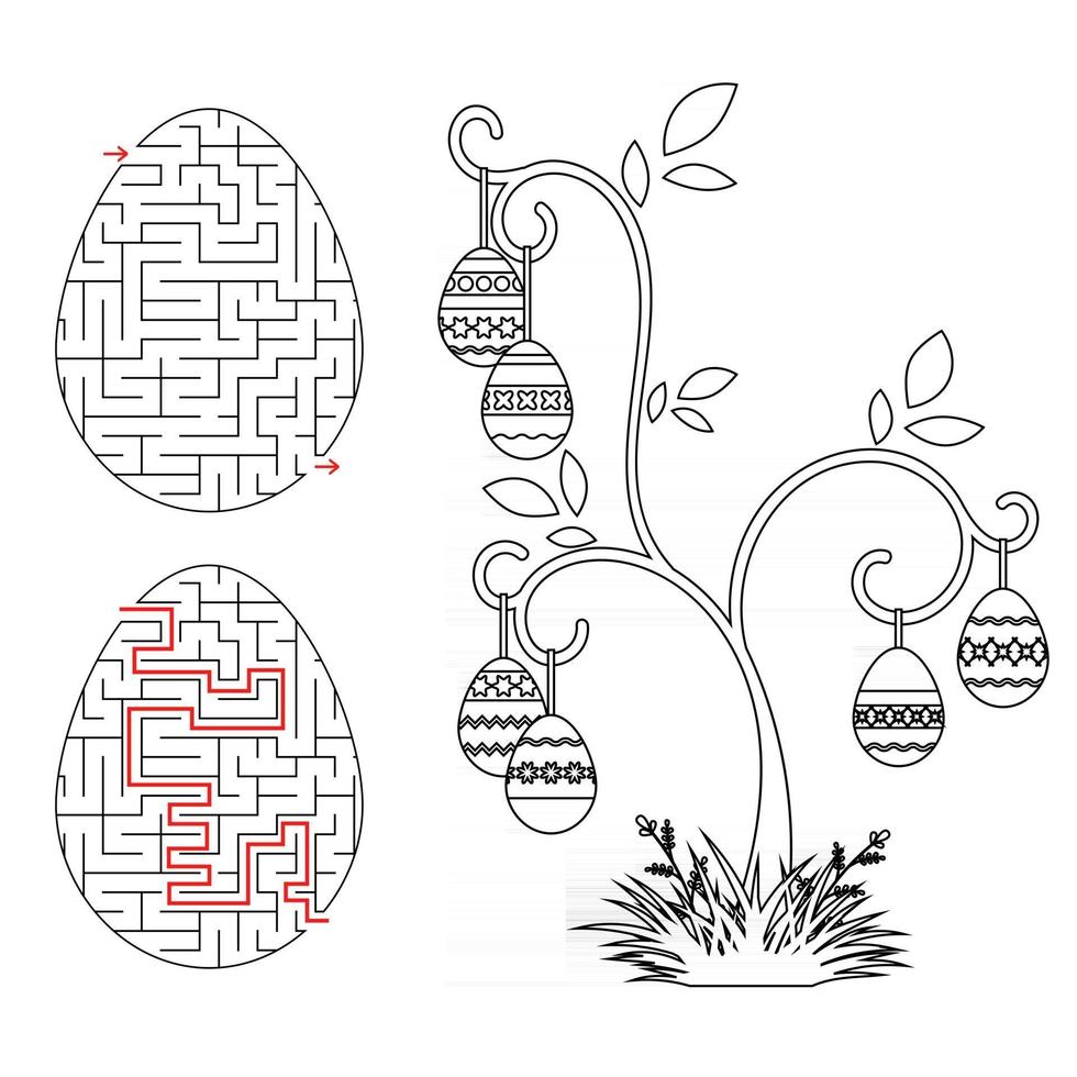 Abstract labyrinth in the form of an egg. Black Stroke. A game for children. With the answer. Easter tree. Simple flat vector illustration isolated on white background.