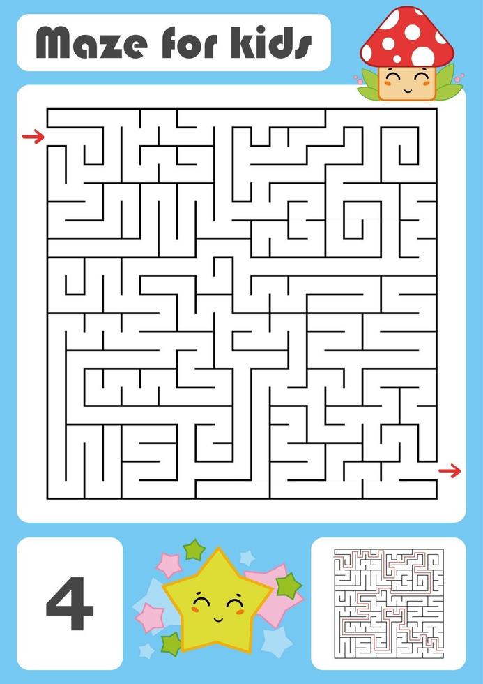 A square labyrinth. Developmental game for children. Vector illustration isolated on white background. Color design with cute cartoons.