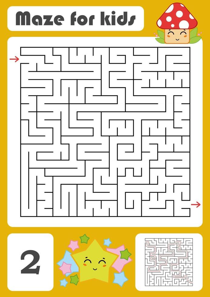 A square labyrinth. Developmental game for children. Vector illustration isolated on white background. Color design with cute cartoons.