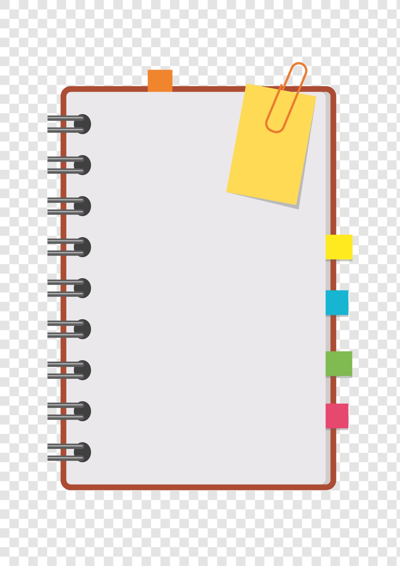 Half a color open notepad on the spring with clean sheets and bookmarks between the pages. A