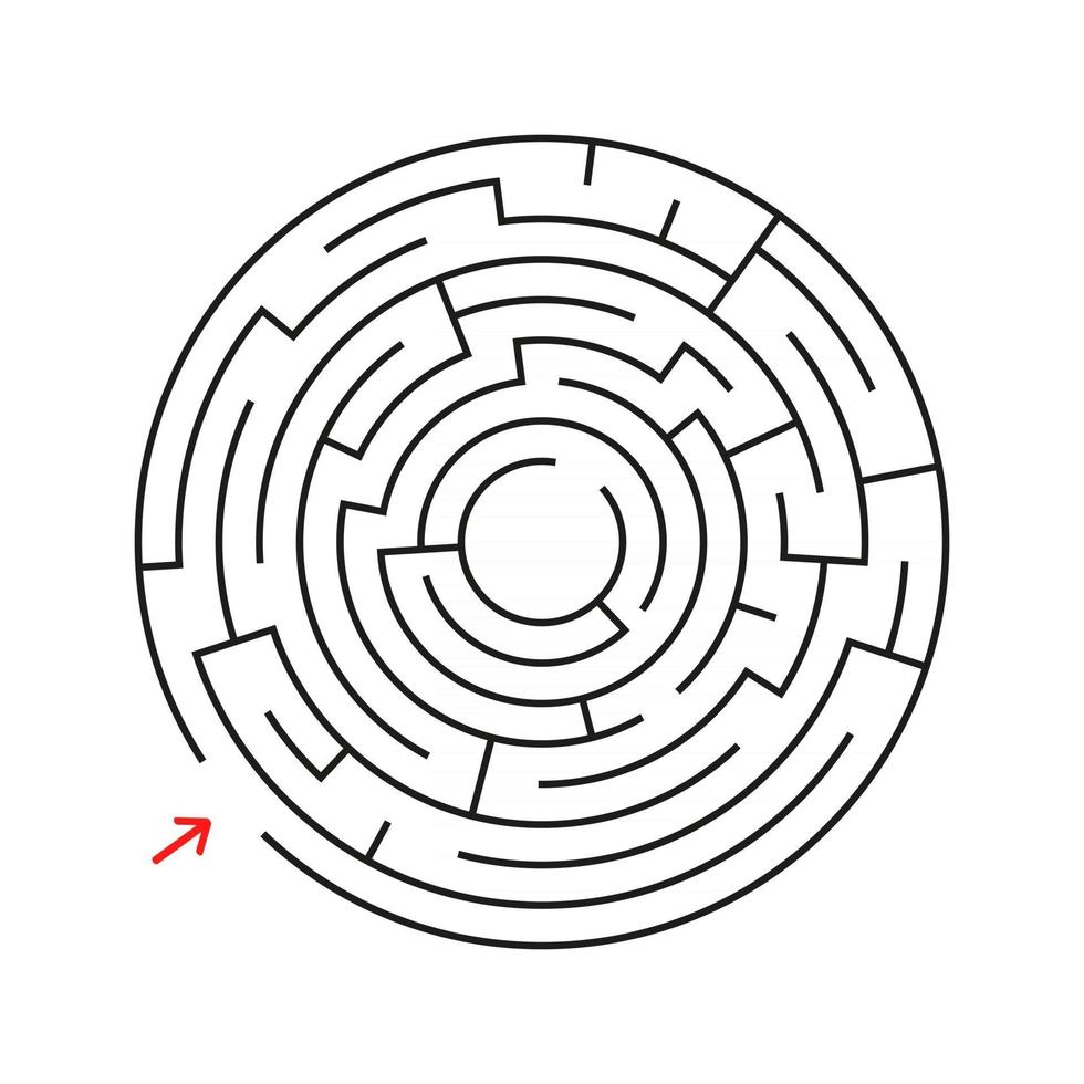 Round labyrinth. With the entrance and exit. An interesting game for children and adults. Simple flat vector illustration isolated on white background.