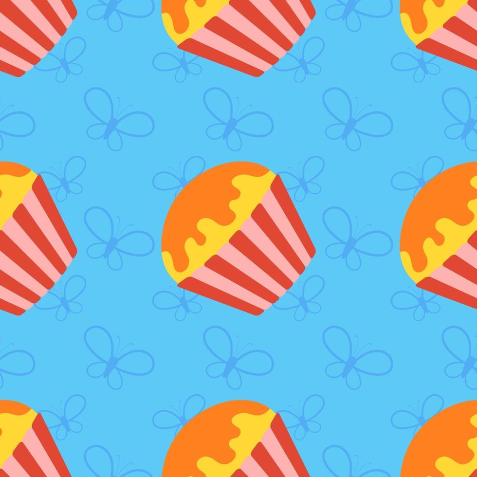 Colorful seamless pattern of appetizing cupcakes on a blue background. Simple flat vector illustration. For the design of paper wallpapers, fabric, wrapping paper, covers