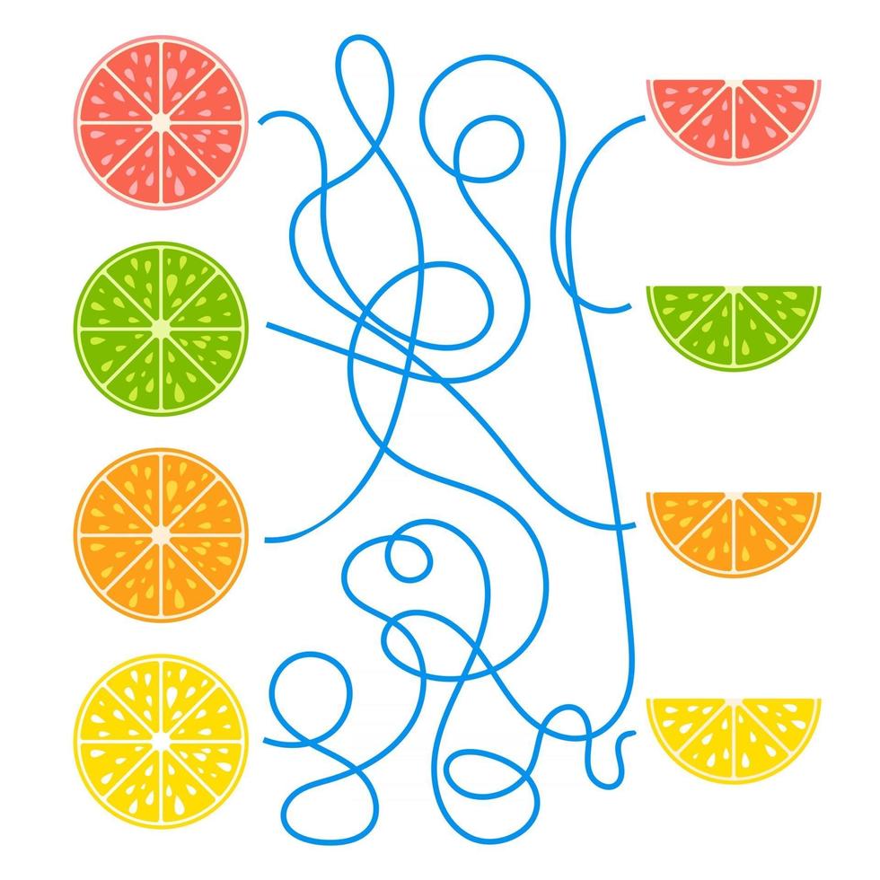 A tangled simple isolated labyrinth of ropes. Find the way from the fruit to his half. vector