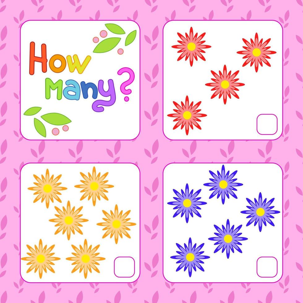 Counting game for preschool children for the development of mathematical abilities. How many flowers. With a place for answers. Simple flat isolated vector illustration.