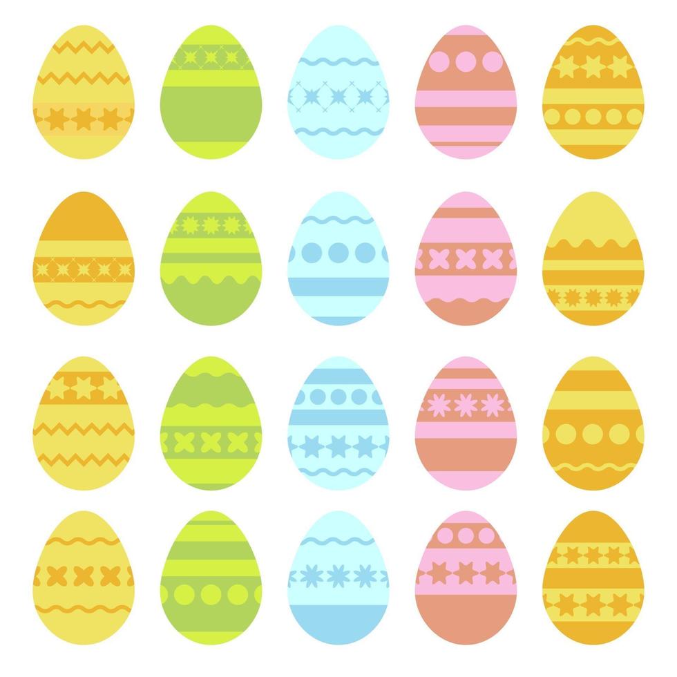 Set of colored isolated Easter eggs on a white background. With an abstract pattern. Simple flat vector illustration. Suitable for decoration of postcards, advertising, magazines, websites.