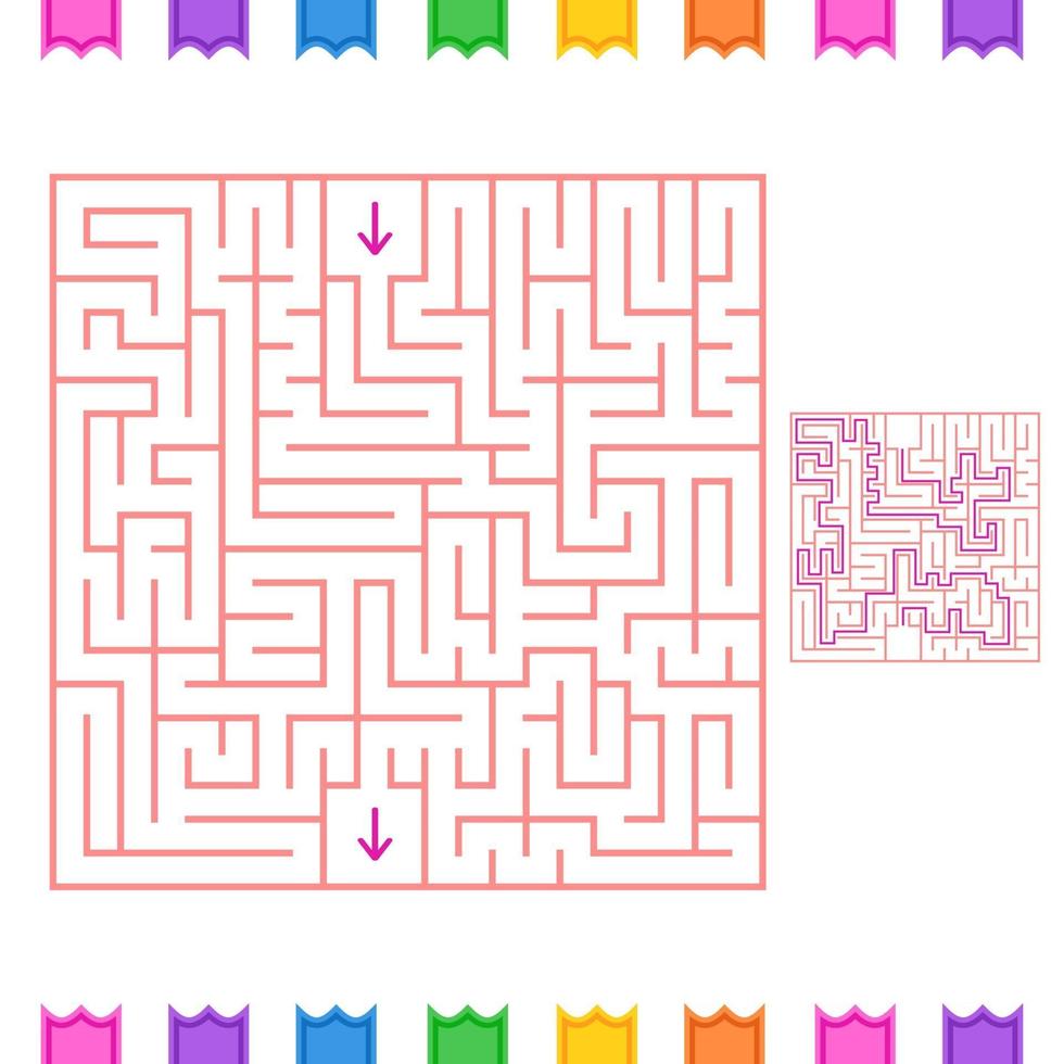 Abstract square isolated labyrinth. Red color on a white background. An interesting game for children and adults. Simple flat vector illustration. With the answer.